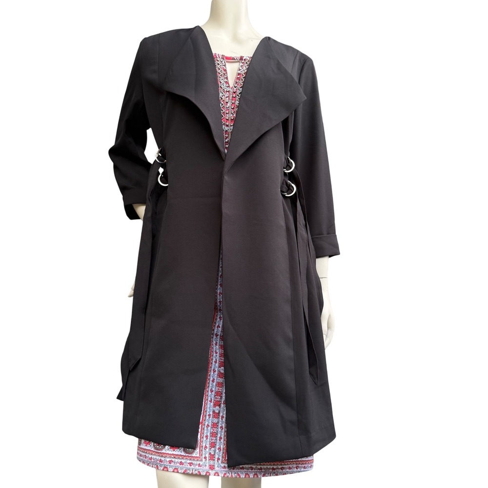 Dex Black Duster Trench Open Front Coat D-Ring Side Tie Goth Minimalist Large